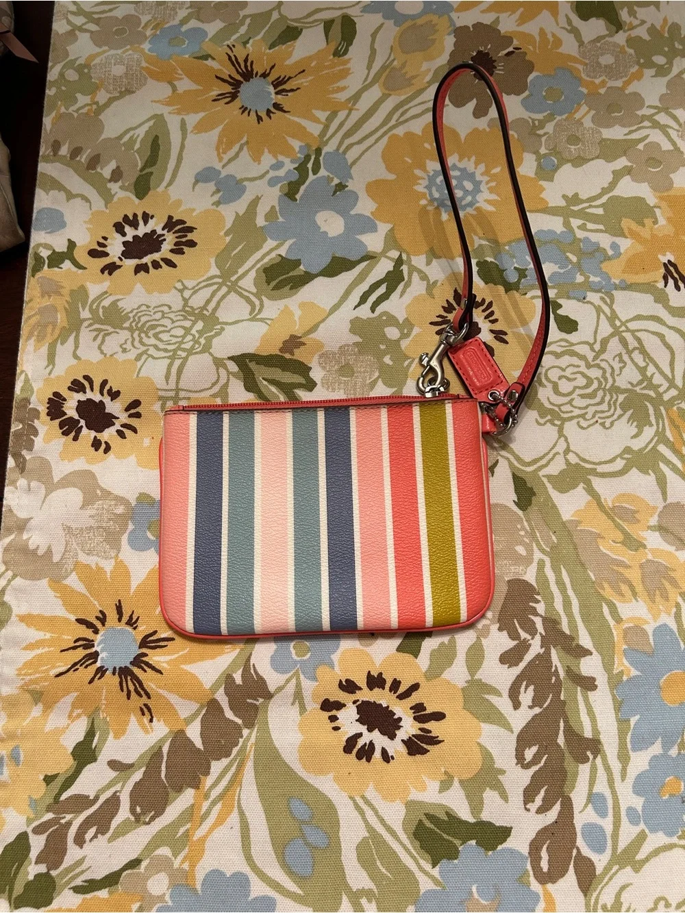 Coach Striped Leather Wristlet - Coral, Blue, Pink & Green